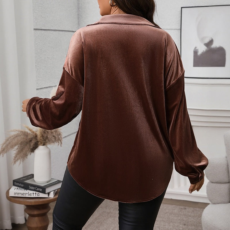 Russian Solid Color Lapel Collar Velvet Plus Size Women's Blouse
