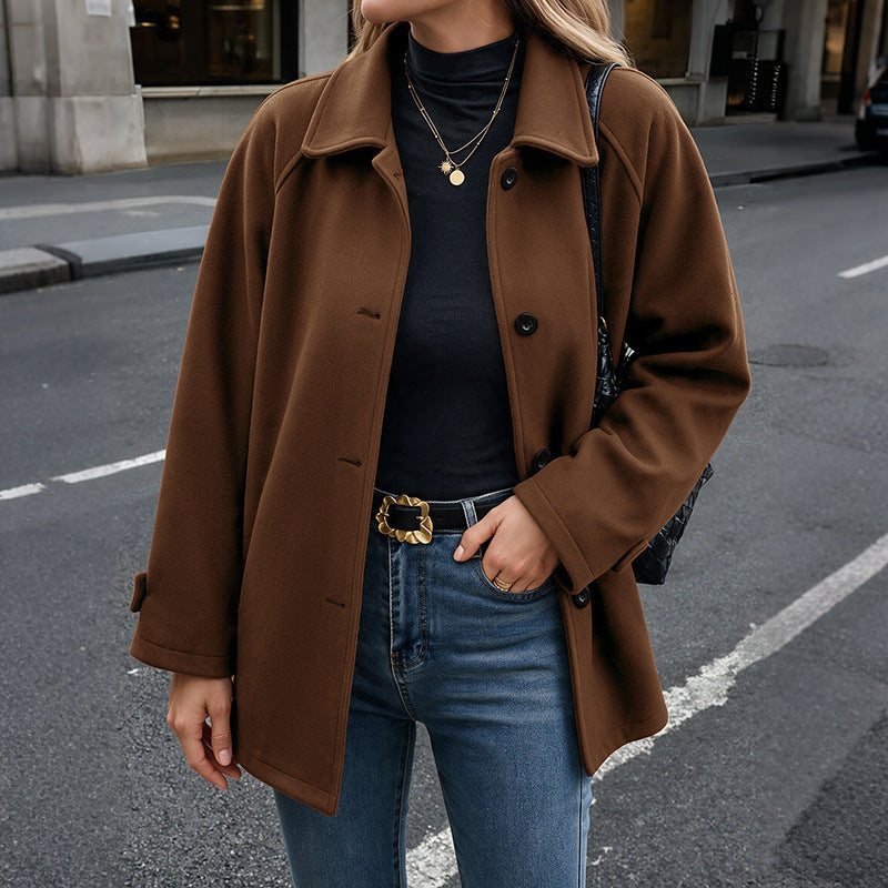 Thickened Woolen Notched Lapel Loose Fit Mid-Length Women's Coat
