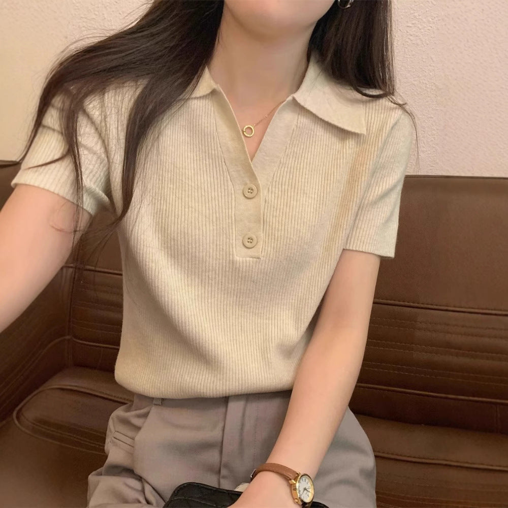 Polo Neck Knitted Top Short Sleeve T-Shirt Pure Desire Unique Elegant Design Small Batch Short Crop Top