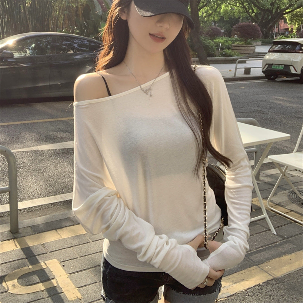 White Long Sleeve Batwing Asymmetrical Neck Loose Fit Lightweight Women's Sun Protection Top