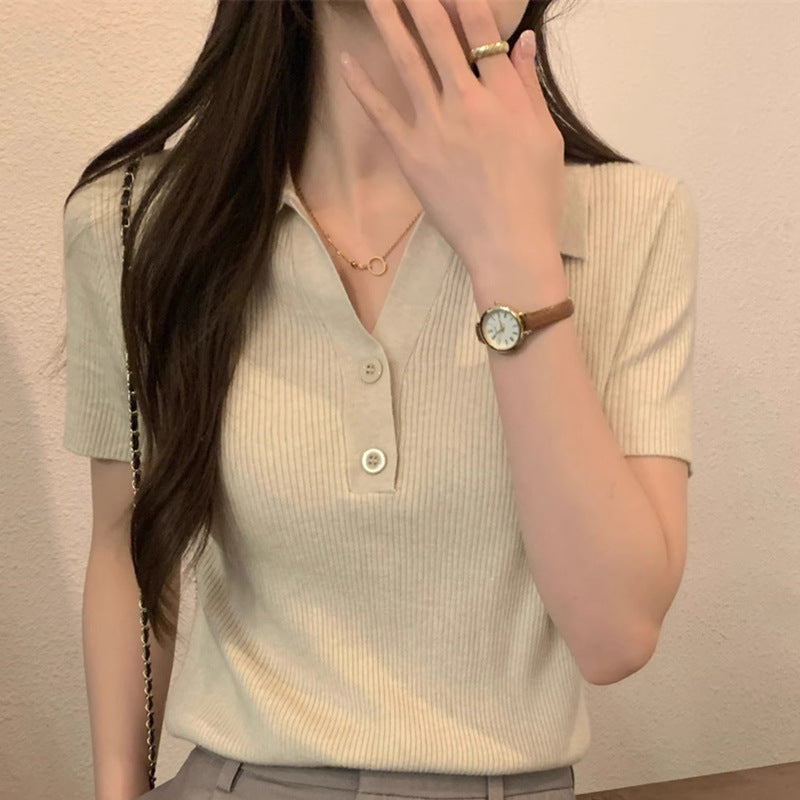 Polo Neck Knitted Top Short Sleeve T-Shirt Pure Desire Unique Elegant Design Small Batch Short Crop Top