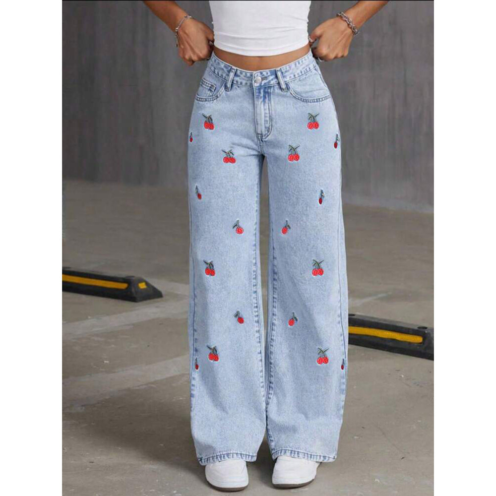 Vintage Denim Pants High-Fall Straight Loose Wide Leg Long Trousers Trendy