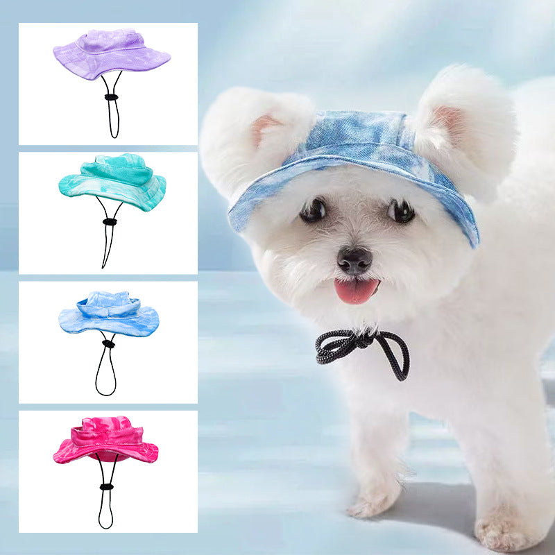 Pet hat with leaky ears cotton tie dye cat dog fisherman hat anti fall lace up sun hat
