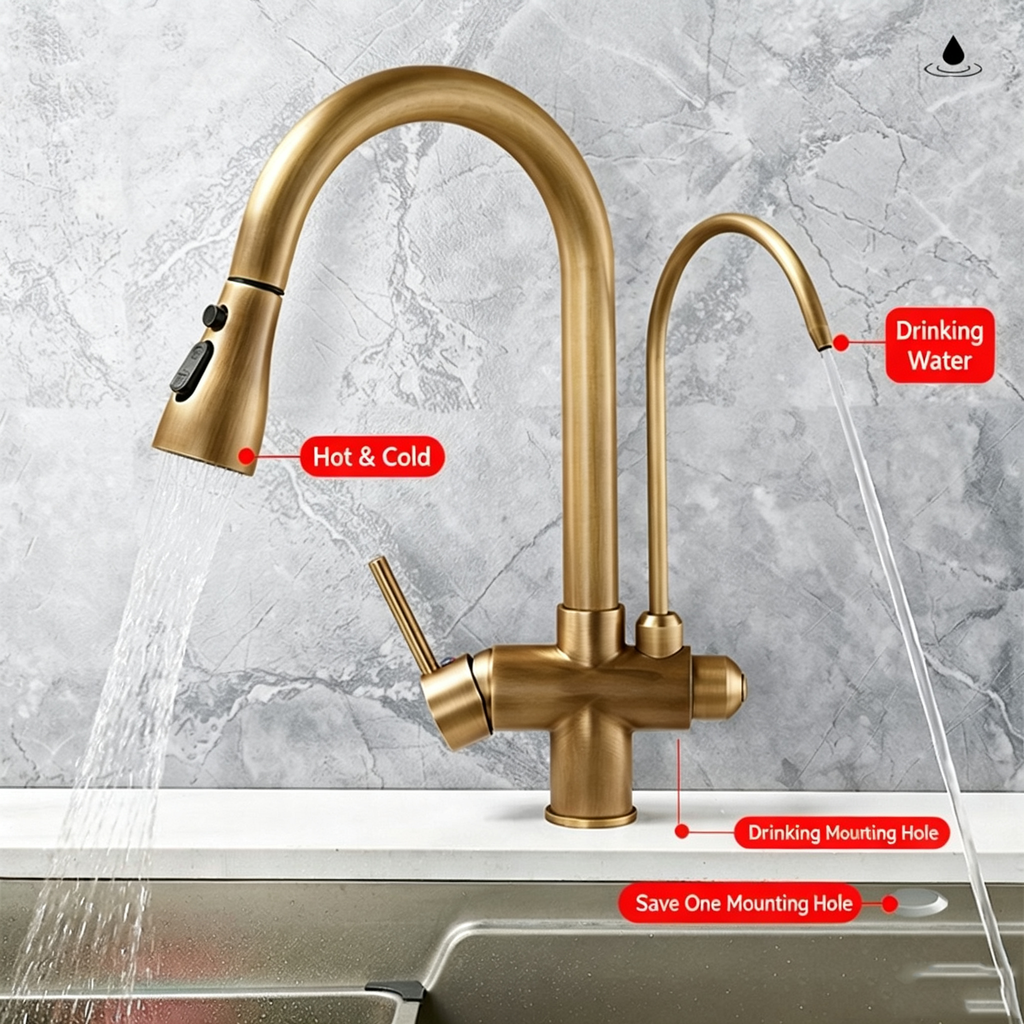 Antique brass three in one pure water direct drinking faucet, kitchen sink, pull-out faucet, hot and cold