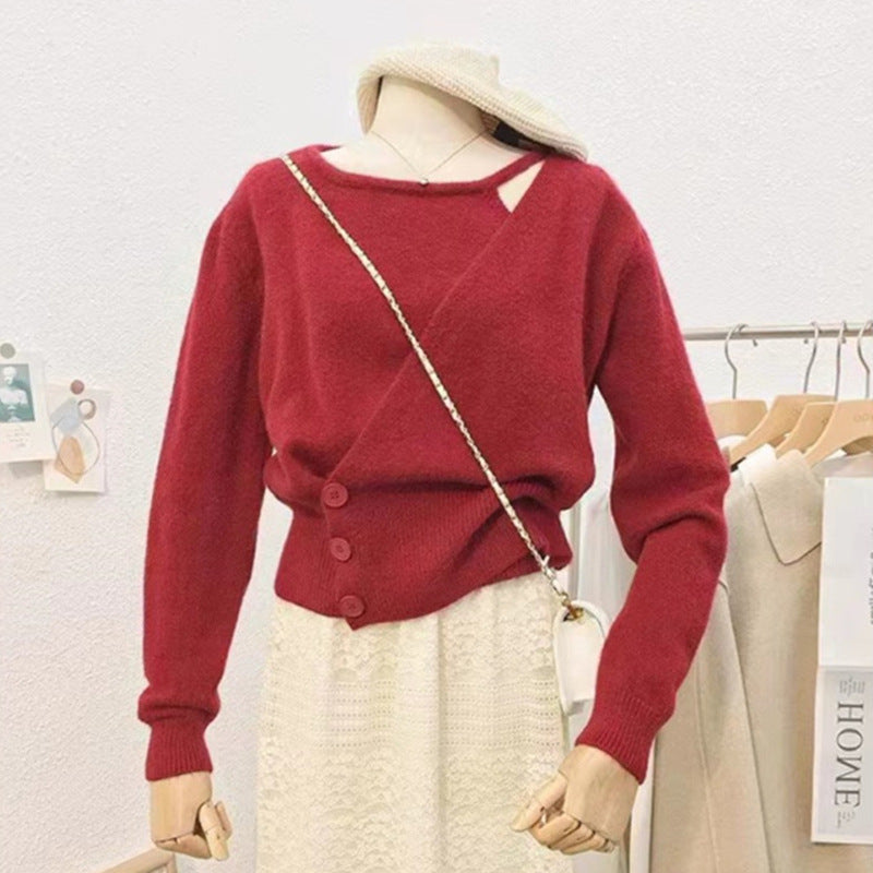 Irregular three button knit long sleeved sweater for women