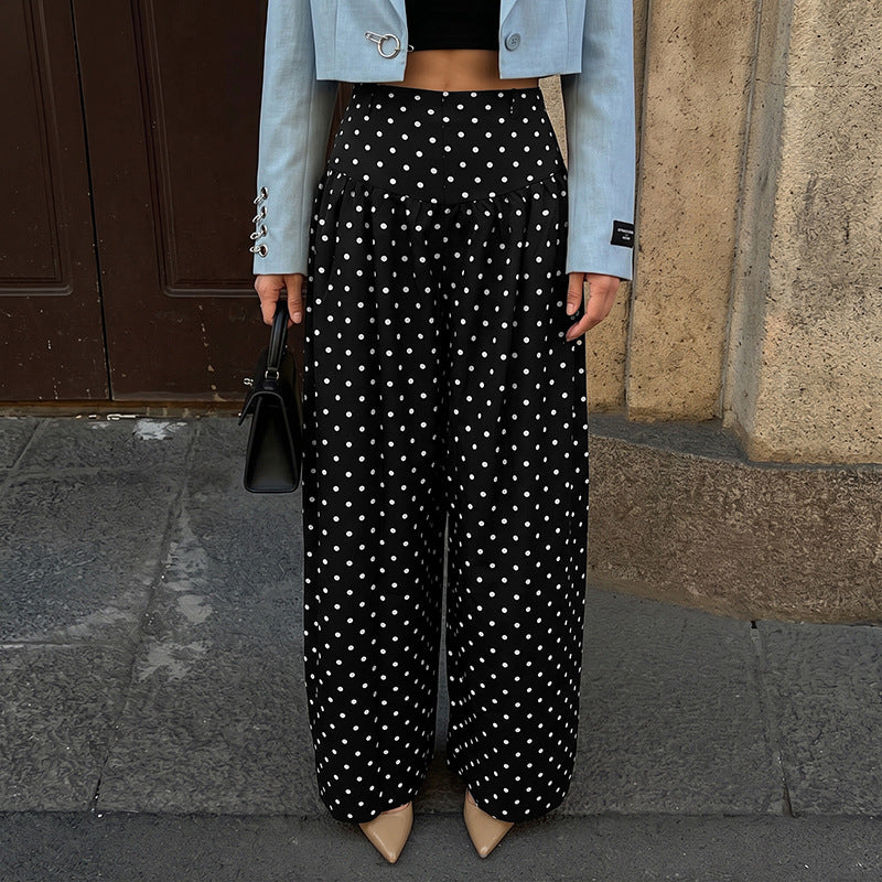 Sweet Cool Vintage Polka Dot High Waist Loose Wide Leg Gathered Casual Pants for Women