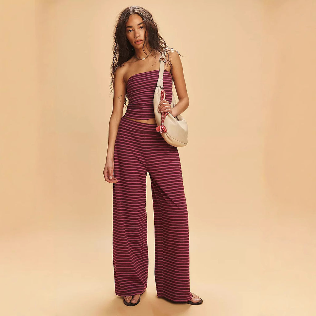 Sexy Fitted Casual Striped Two-Piece Set with Color-Blocked Crop Top and Elastic Waist Long Pants