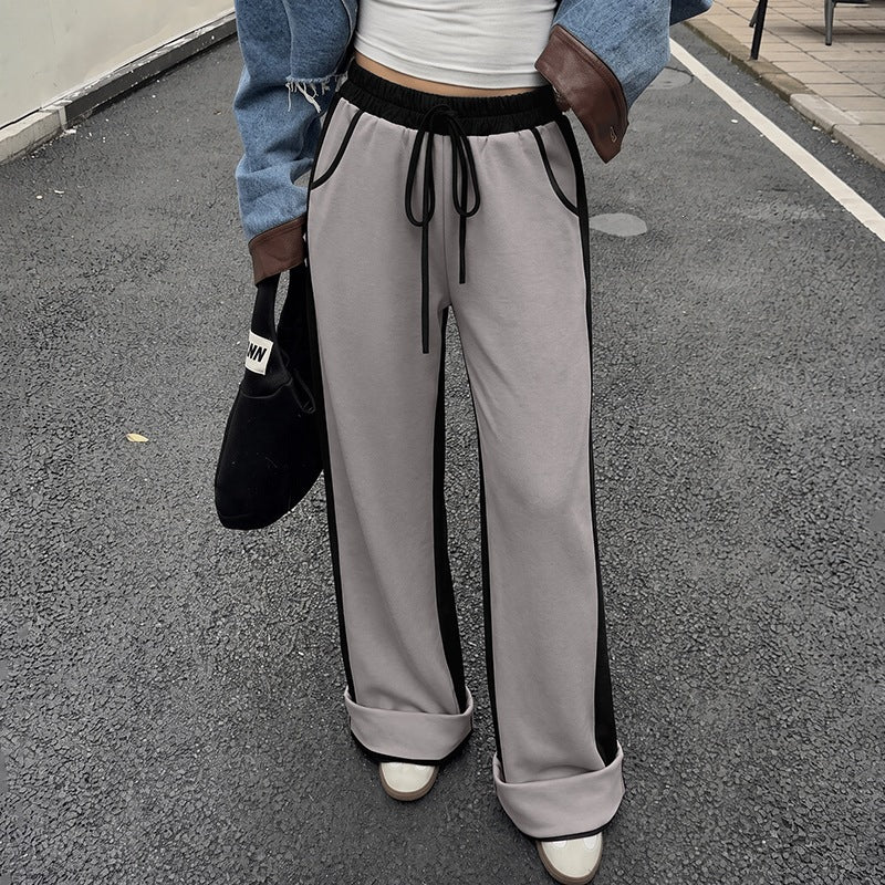 Color Block Spliced Thickened High Waist Cuffed Sweatpants for Women