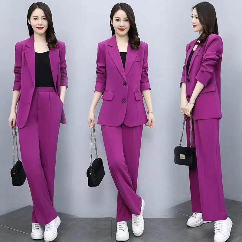 Professional Woman's Autumn/Winter New Set, Elegant and Slim-Fitting Long Sleeve Suit Jacket with Wide-Leg Pants Two-Piece Outfit for Women
