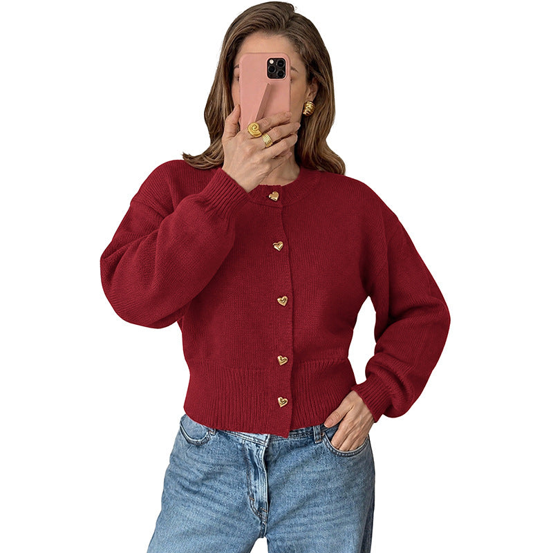Red Christmas Heart Knit Cardigan for Women with Button Closure