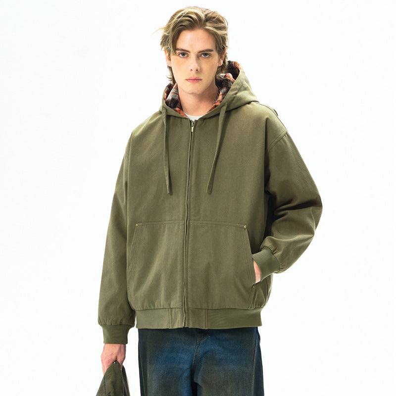 Men's  Retro Distressed Washed Canvas Hooded Padded Jacket Open Front Long Sleeve Coat