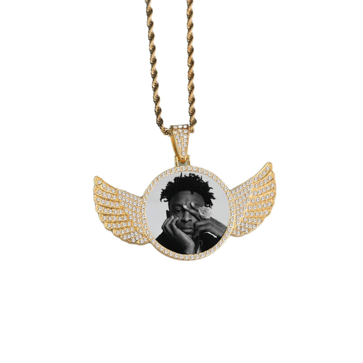 Custom-Made, Ships in 1-2 Days diamond studded hip-hop memory angel wings circular photo pendant frame necklace
