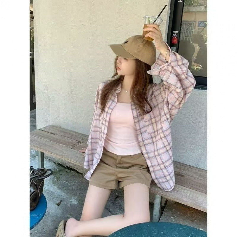Sweet Pink Plaid Loose Casual Shirt for Women