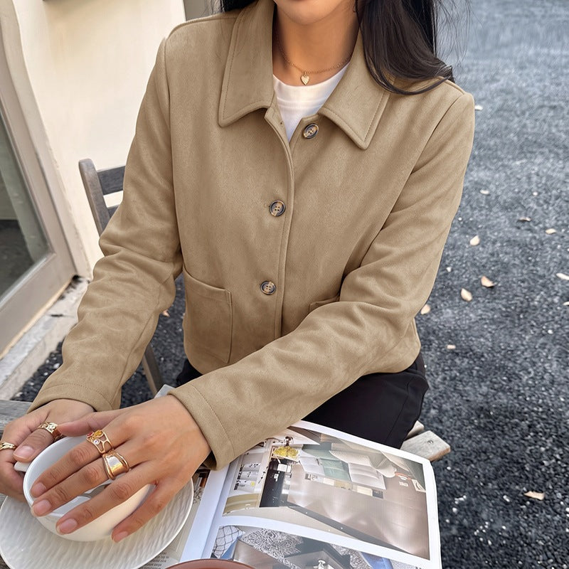 Vintage Long Sleeve Lapel Collar Cropped Loose Fit Jacket
