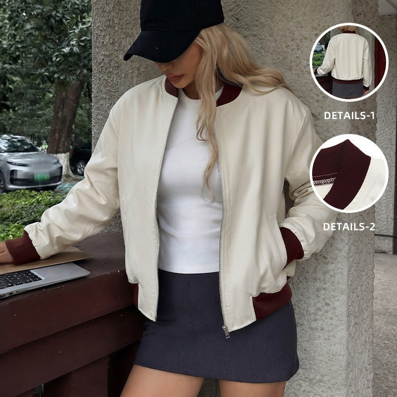 Women's Zipper Closure Stand Collar Loose Fit Jacket