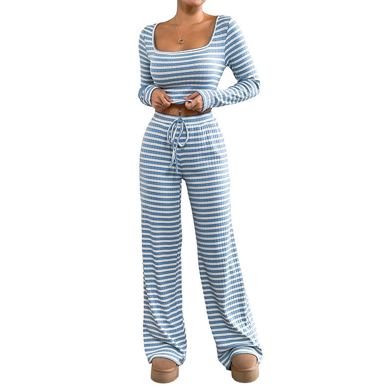 Women's Striped Long Sleeve Crop Top and Slim Fit Casual Sporty Pants Two Piece Set