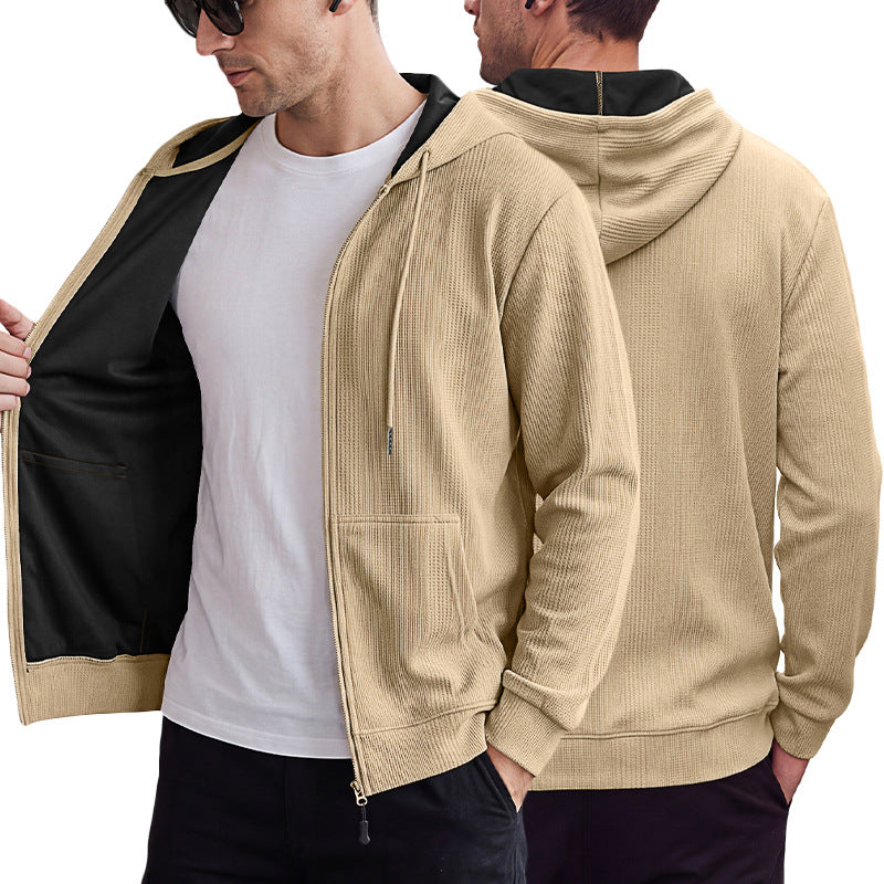 Men's Heavyweight Jacquard Waffle Hooded Loose Open Cardigan Sweatshirt