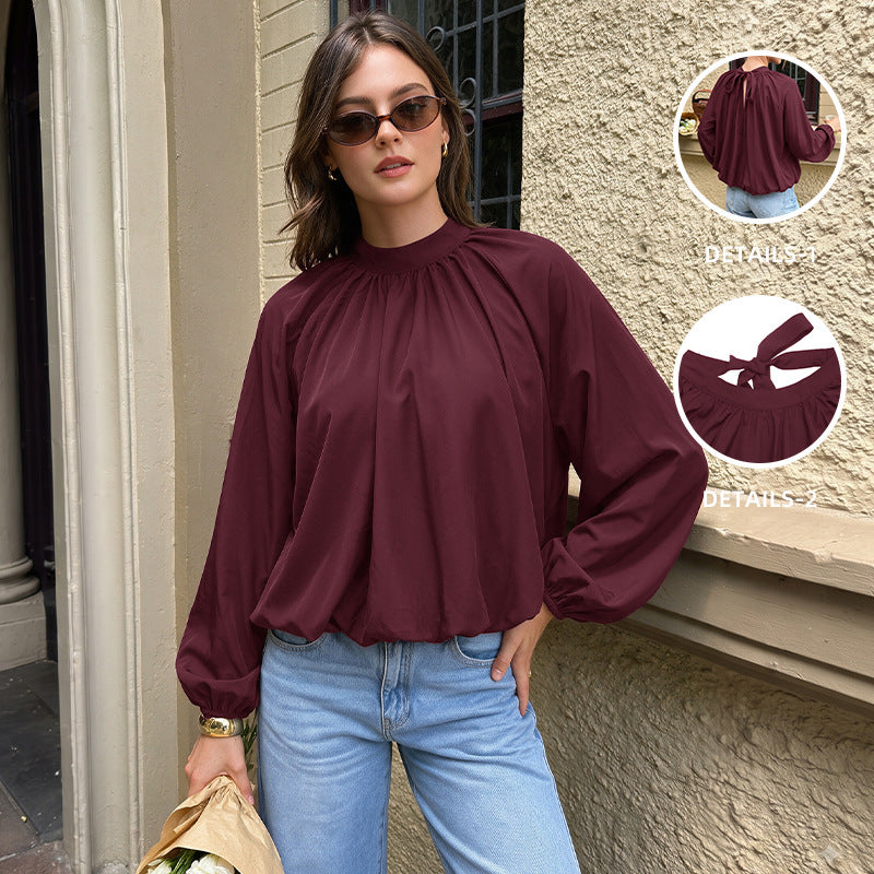 Loose Long Sleeve Camellia Collar Hollow Out Back Tie Women's Blouse