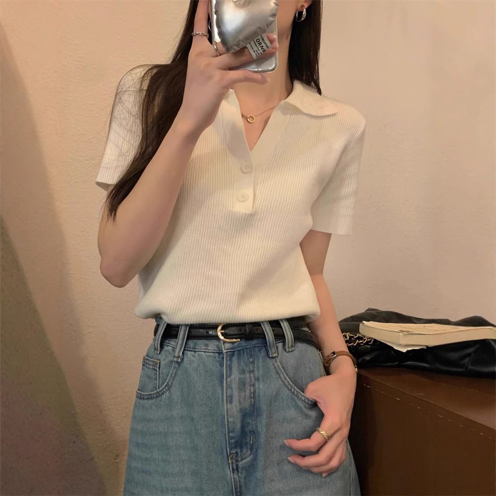 Polo Neck Knitted Top Short Sleeve T-Shirt Pure Desire Unique Elegant Design Small Batch Short Crop Top