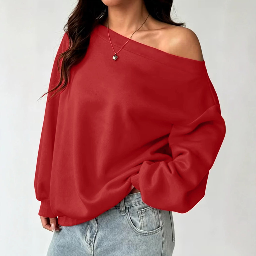 Women's sloping shoulder long sleeved hoodie