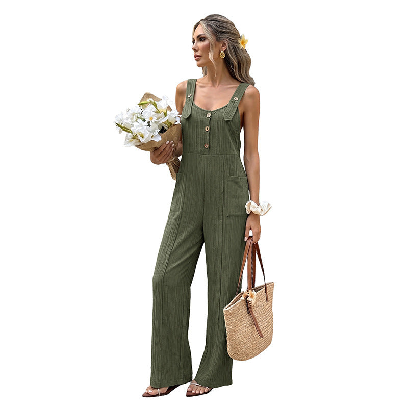 Women's Textured Sleeveless Open Back Strap Long Loose Jumpsuit
