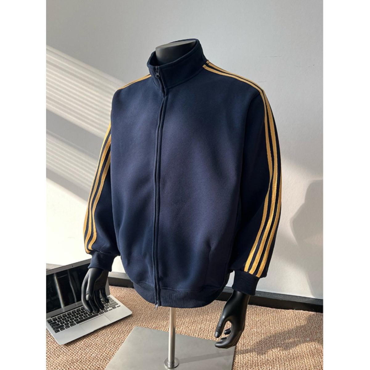 Men's Vintage Color Block Striped Long Sleeve Zip-up Stand Collar Casual Jacket