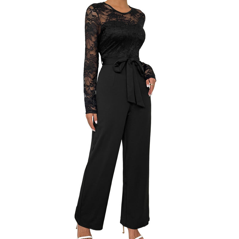 Women's Long Sleeve Drapey Lace Wide Leg Patchwork Tie Waist Loose Fit