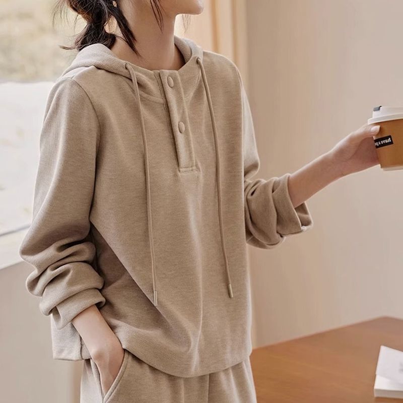 Muted Tone Women's Lazy Style Two-Piece Set Fashion Hooded Lightweight Sweatshirt Outfit