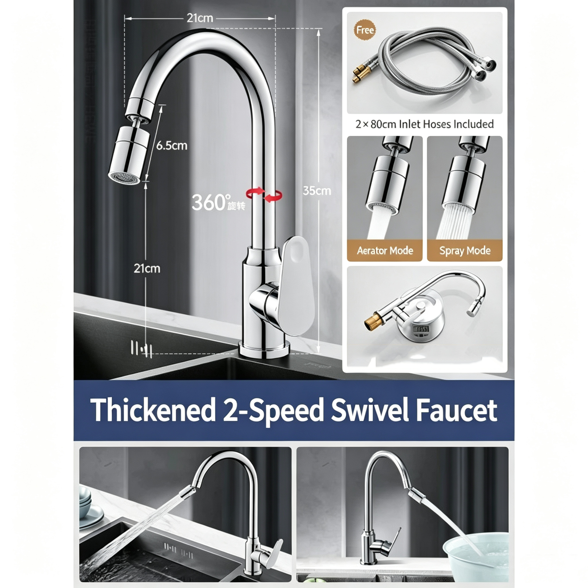 Kitchen Sink Faucet with Pull-Out Sprayer, Extendable Hot &amp; Cold Mixer Tap, 360&deg; Swivel