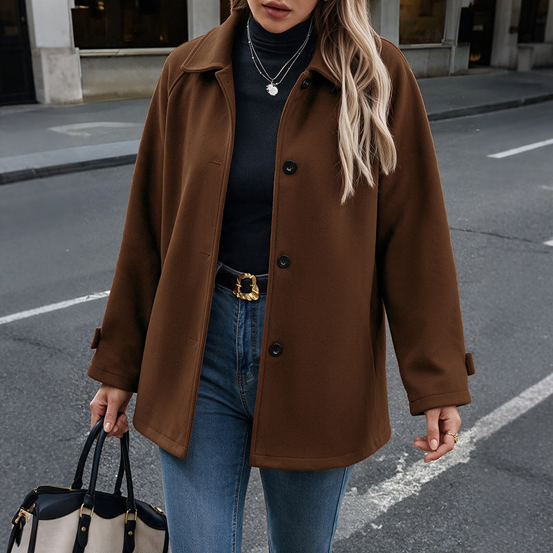 Thickened Woolen Notched Lapel Loose Fit Mid-Length Women's Coat