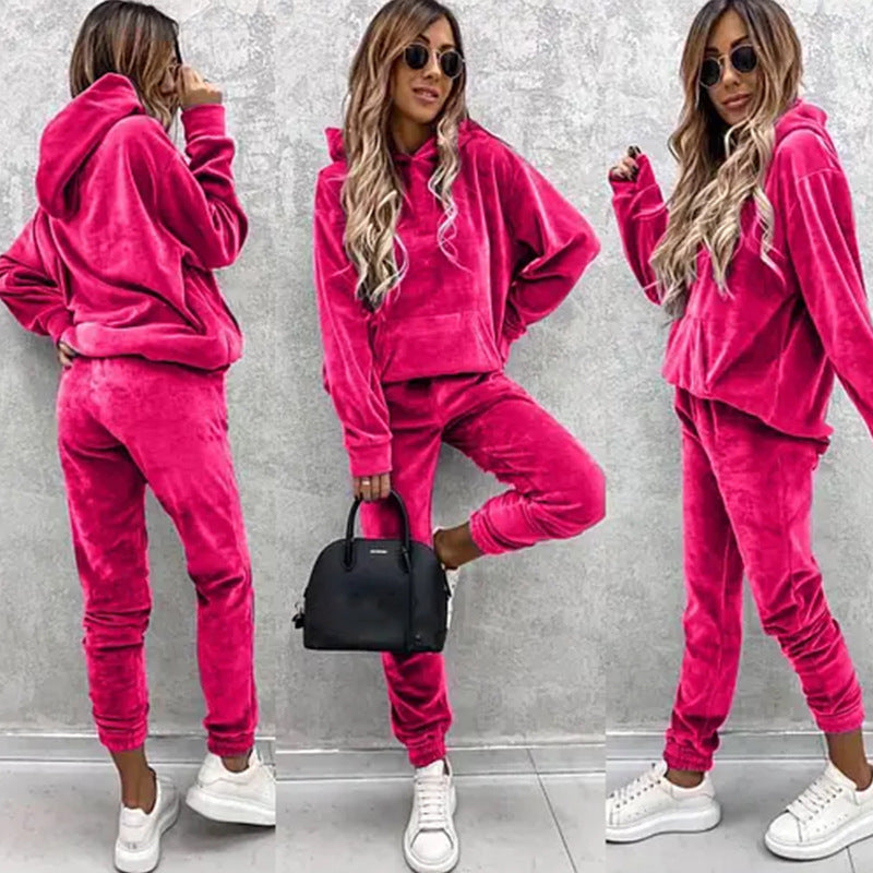 Women's Set Solid Color Hooded Sweatshirt and Sports Long Pants  Two-Piece Set