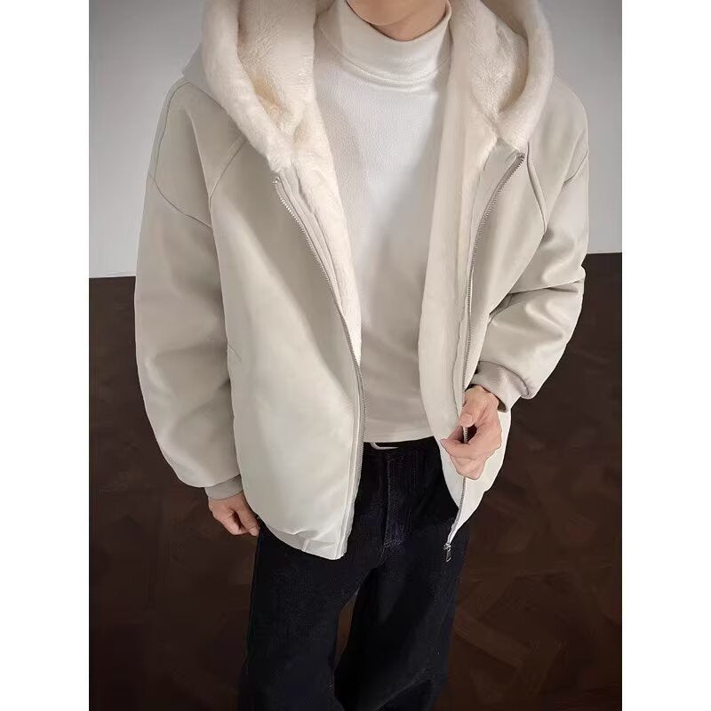 Leather Rabbit Fur Plush Fleece Lined Jacket Unisex Winter Thickened Warm Outerwear