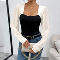 Women's Elegant Square Neck Long Sleeve Knit Color Block Patchwork Slim Fit Bodysuit
