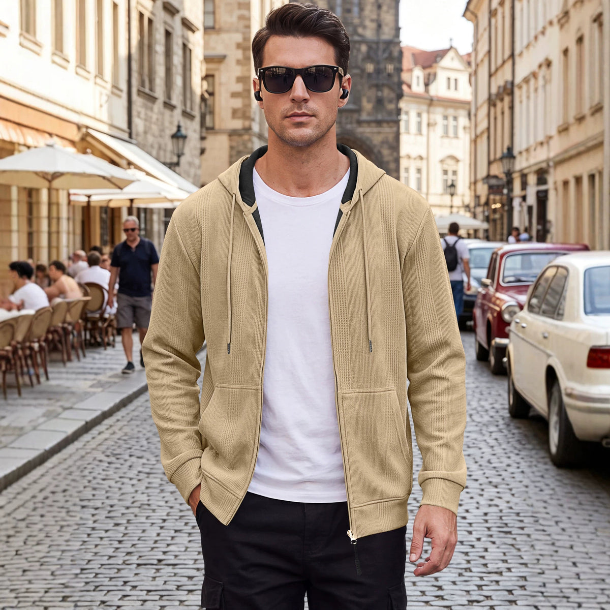 Men's Heavyweight Jacquard Waffle Hooded Loose Open Cardigan Sweatshirt