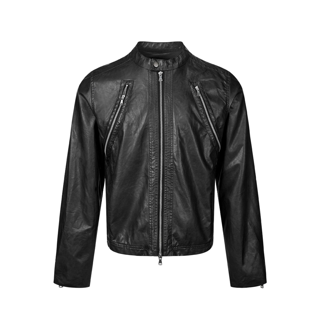 Double-Zipper Slim Fit PU Leather Short Biker Jacket for Men