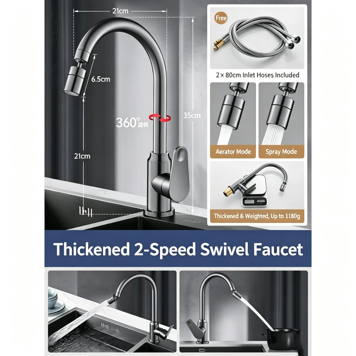 Kitchen Sink Faucet with Pull-Out Sprayer, Extendable Hot &amp; Cold Mixer Tap, 360&deg; Swivel