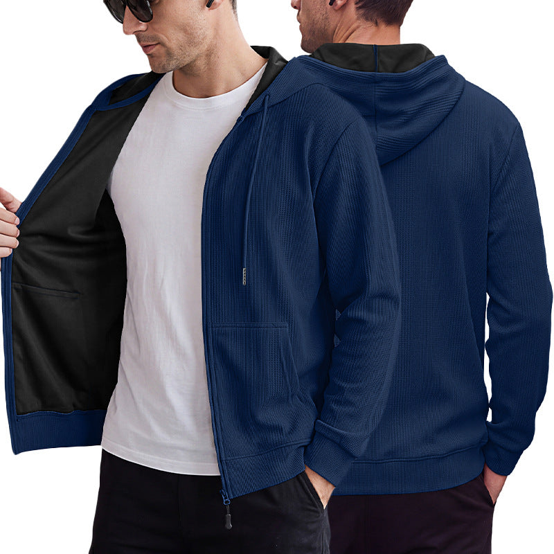 Men's Heavyweight Jacquard Waffle Hooded Loose Open Cardigan Sweatshirt