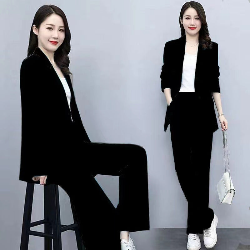 Professional Woman's Autumn/Winter New Set, Elegant and Slim-Fitting Long Sleeve Suit Jacket with Wide-Leg Pants Two-Piece Outfit for Women