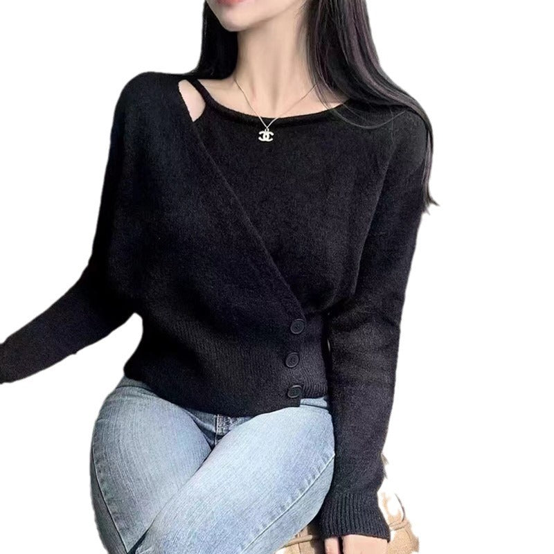 Irregular three button knit long sleeved sweater for women