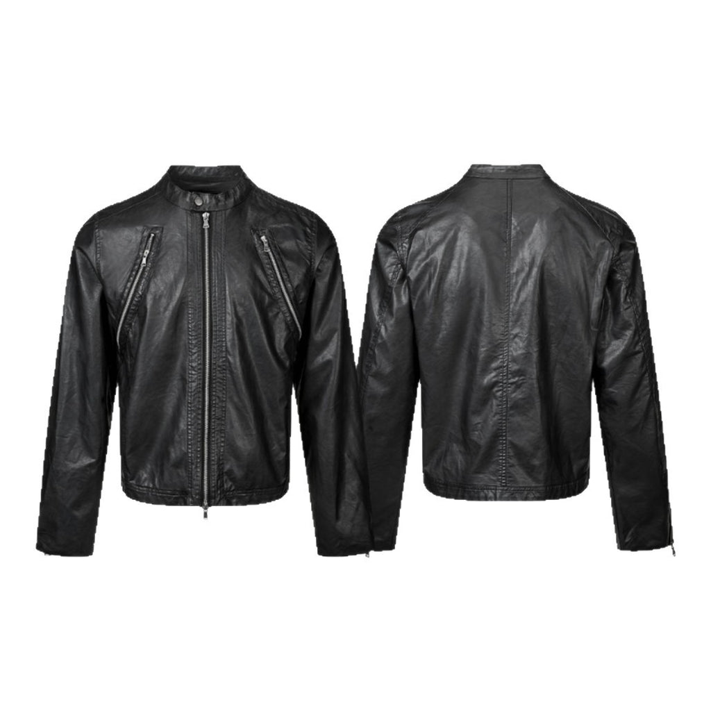 Double-Zipper Slim Fit PU Leather Short Biker Jacket for Men