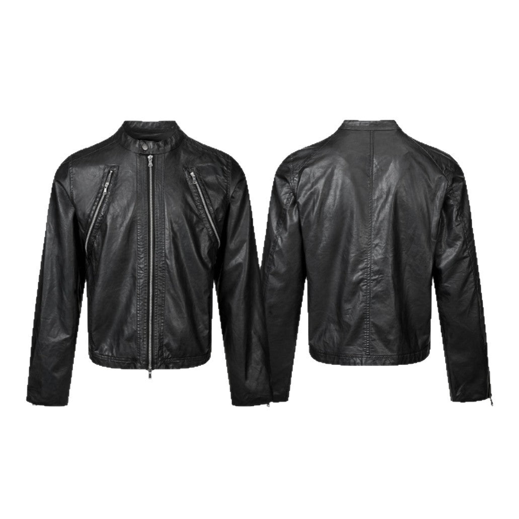 Double-Zipper Slim Fit PU Leather Short Biker Jacket for Men