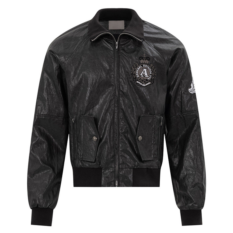 Retro badge leather jacket with zipper and loose fit for women