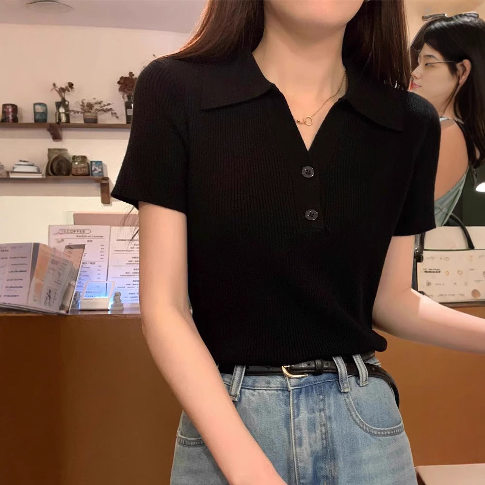 Polo Neck Knitted Top Short Sleeve T-Shirt Pure Desire Unique Elegant Design Small Batch Short Crop Top