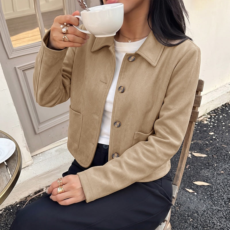 Vintage Long Sleeve Lapel Collar Cropped Loose Fit Jacket