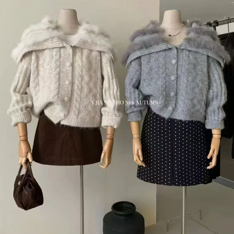 Flip collar knitted cardigan women's short jacket