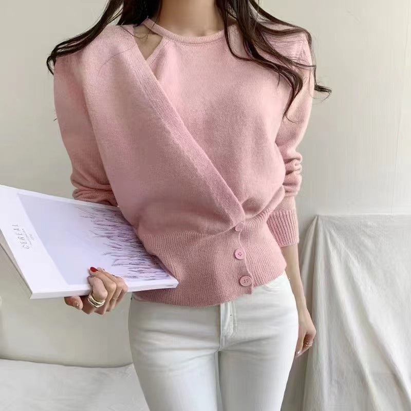 Irregular three button knit long sleeved sweater for women