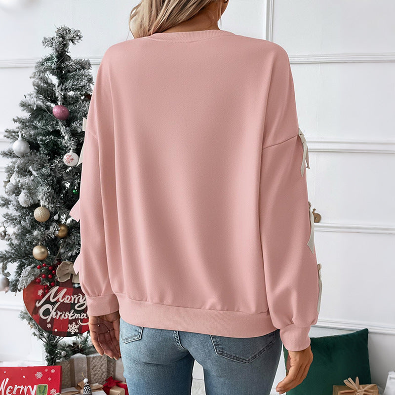 Women's Pink Long Sleeve Crew Neck Bow Detail Christmas Sweatshirt