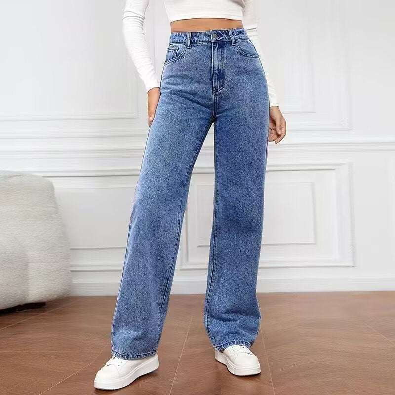 Chic Women's Fashionable Denim Pants Summer Casual Elegant Solid Color Long Trousers