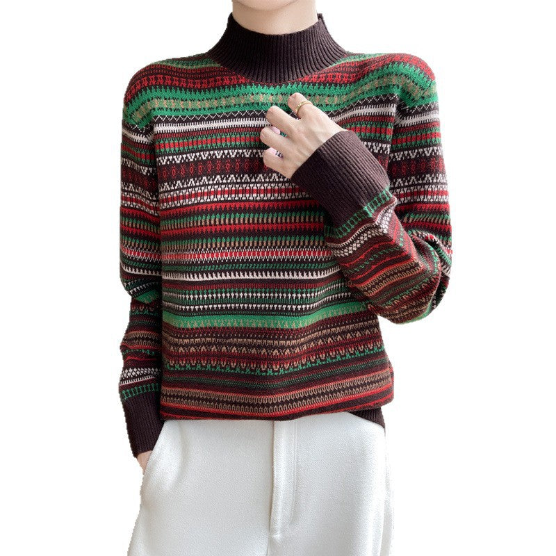 High Neck Retro Jacquard Sweater Women Top Pullover Colorful Knitwear