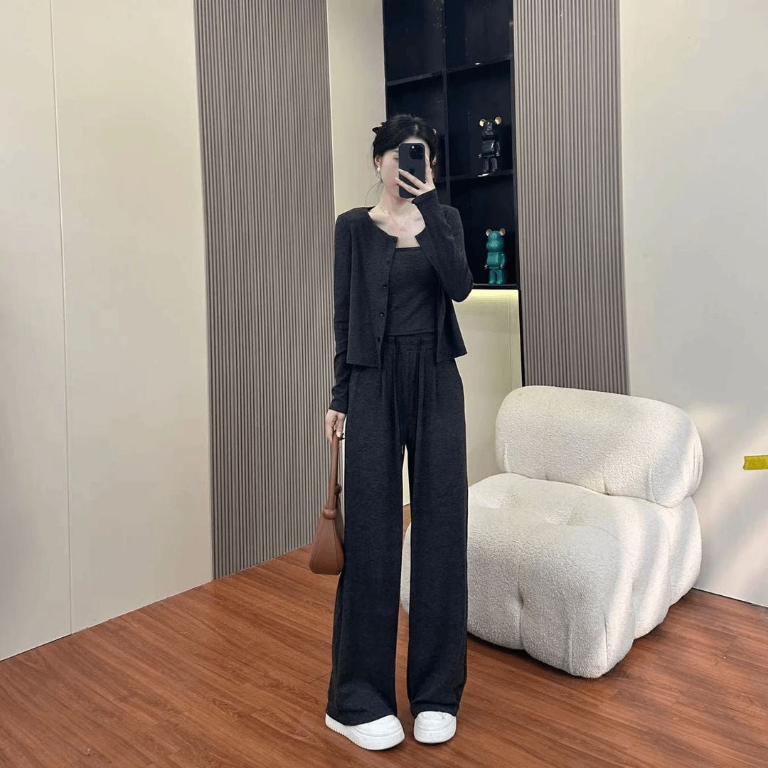 Autumn Lightweight Activewear Set, Casual Fashionable Loose Wide-Leg Pants with Cardigan Jacket, 3-Piece Women's Outfit